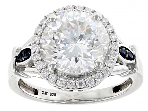 MOISSANITE FIRE® 4.39CTW DEW ROUND INFERNO CUT™ & BLUE SAPPHIRE PLATINEVE® RING - Size 7