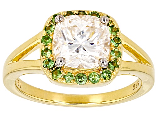 MOISSANITE FIRE® 2.00CT DEW CUSHION CUT & ROUND TSAVORITE 14K YELLOW GOLD OVER SILVER RING - Size 7