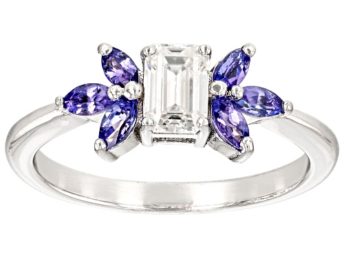 MOISSANITE FIRE® .58CT DEW EMERALD CUT & MARQUISE TANZANITE PLATINEVE® RING - Size 9