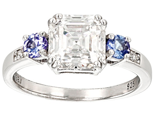 MOISSANITE FIRE® 3.00CTW DEW ASSCHER CUT & ROUND WITH ROUND TANZANITE PLATINEVE® RING. - Size 8
