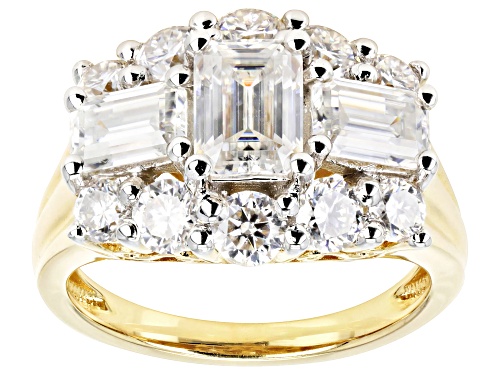 Photo of MOISSANITE FIRE(R) 3.53CTW DEW EMERALD CUT & ROUND 14K YELLOW GOLD OVER SILVER RING - Size 11