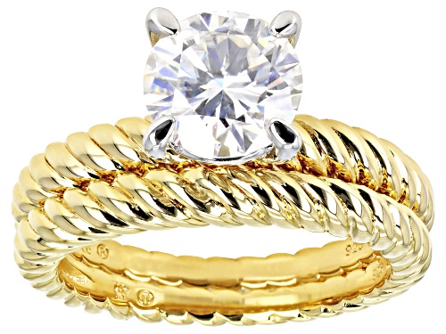 MOISSANITE FIRE(R) 1.90CT DEW ROUND BRILLIANT 14K YELLOW GOLD OVER SILVER RING & BAND - Size 6