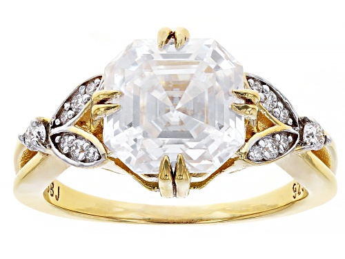 MOISSANITE FIRE® 4.10CTW DEW ASSCHER CUT & ROUND BRILLIANT 14K YELLOW GOLD OVER SILVER RING - Size 7