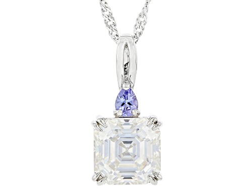 MOISSANITE FIRE® 3.92CT DEW ASSCHER & PEAR SHAPE TANZANITE PLATINEVE® PENDANT & CHAIN