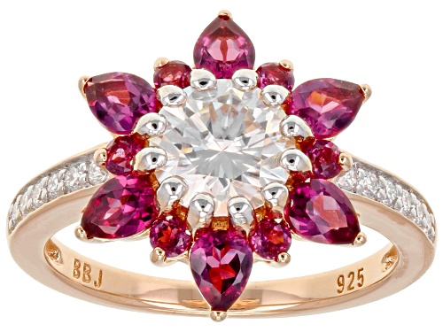 MOISSANITE FIRE® 1.32CTW DEW ROUND AND RHODOLITE 14K ROSE GOLD OVER SILVER RING - Size 5
