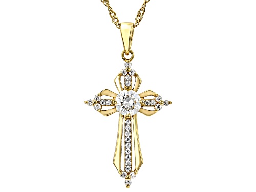MOISSANITE FIRE® 1.19CTW DEW ROUND 14K YELLOW GOLD OVER SILVER CROSS PENDANT & CHAIN