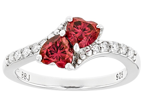 MOISSANITE FIRE® & RED MOISSANITE 1.18CTW DEW HEART SHAPE AND ROUND PLATINEVE® RING - Size 8