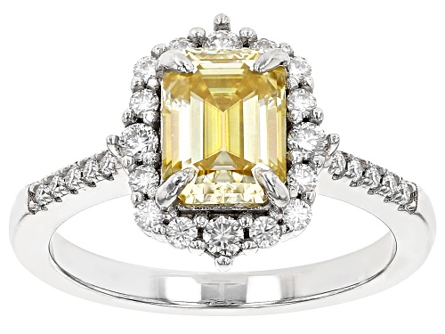 MOISSANITE FIRE® & YELLOW MOISSANITE 2.21CTW DEW EMERALD CUT AND ROUND PLATINEVE® RING - Size 9