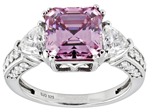 MOISSANITE FIRE(R) & PINK MOISSANITE 5.10CTW DEW ASSCHER & TRILLION CUT & ROUND PLATINEVE(R) RING - Size 6