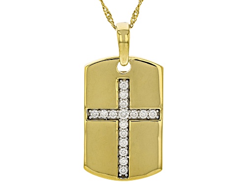 MOISSANITE FIRE(R) .51CTW DEW ROUND 14K YELLOW GOLD OVER SILVER CROSS DOG TAG PENDANT & CHAIN