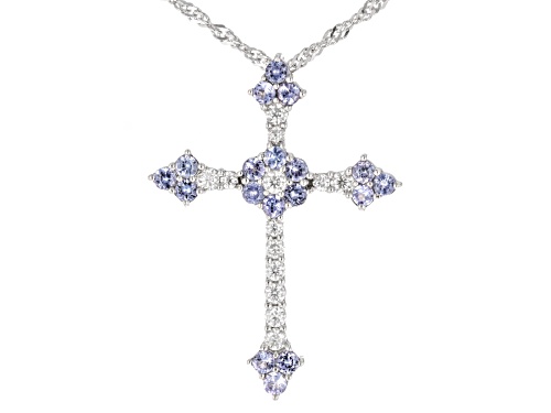 MOISSANITE FIRE® .34CTW DEW ROUND & .63CTW TANZANITE PLATINEVE® CROSS PENDANT & SINGAPORE CHAIN