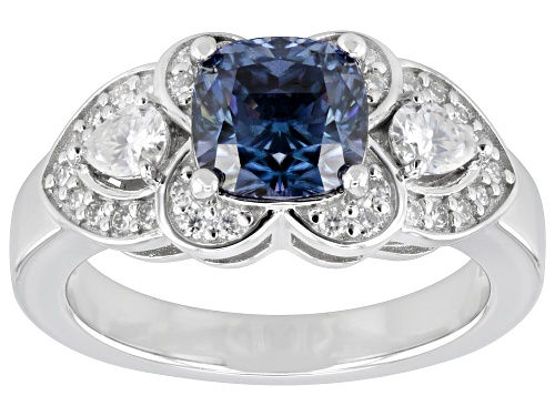 MOISSANITE FIRE® & BLUE MOISSANITE 2.18CTW DEW CUSHION CUT, PEAR SHAPED & ROUND PLATINEVE® RING - Size 8