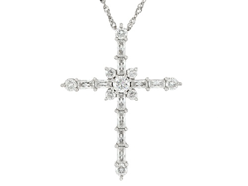 MOISSANITE FIRE® 1.77CTW DEW BAGUETTE AND ROUND PLATINEVE® CROSS PENDANT AND CHAIN