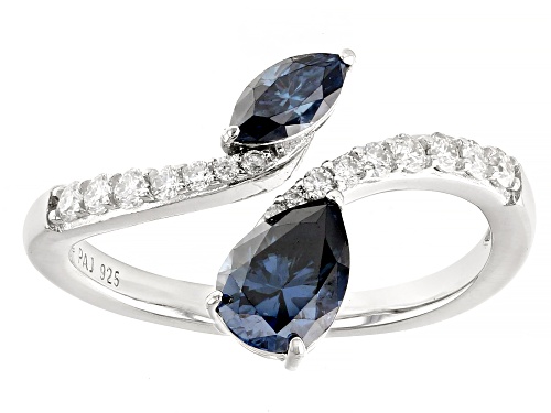 MOISSANITE FIRE® & NAVY BLUE MOISSANITE 1.34CTW DEW PEAR AND MARQUISE WITH ROUND PLATINEVE® RING - Size 6