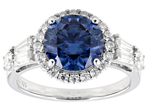 MOISSANITE FIRE(R) & NAVY BLUE MOISSANITE 3.66CTW DEW ROUND AND TAPERED BAGUETTE PLATINEVE(R) RING - Size 8