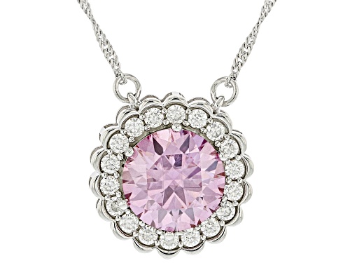 Moissanite Fire® and Pink Moissanite 7.03ctw DEW Round Platineve® Halo Necklace - Size 18