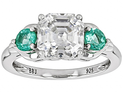 MOISSANITE FIRE® 2.96CT DEW ASSCHER CUT AND .48CTW ROUND EMERALD PLATINEVE® TWO TONE RING - Size 7