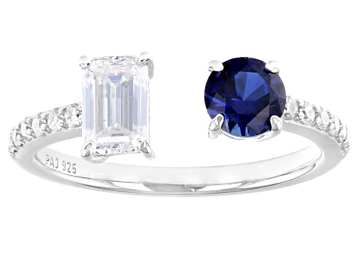 MOISSANITE FIRE® .82CTW DEW AND .71CT LAB CREATED BLUE SAPPHIRE PLATINEVE® RING - Size 7