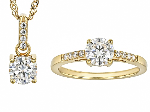 MOISSANITE FIRE® 1.72CTW DEW ROUND 14K YELLOW GOLD OVER SILVER RING WITH PENDANT AND CHAIN SET