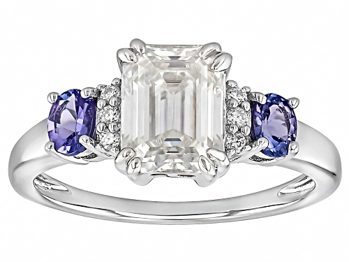MOISSANITE FIRE® 1.81CTW DEW EMERALD CUT & ROUND WITH .34CTW OVAL TANZANITE PLATINEVE® RING - Size 10