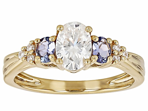 MOISSANITE FIRE® .96CTW DEW OVAL AND ROUND WITH TANZANITE 14K YELLOW GOLD OVER SILVER RING - Size 6