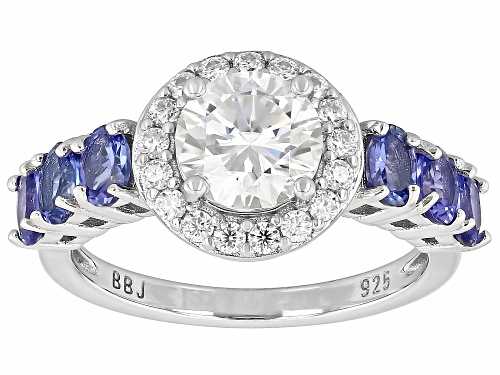 MOISSANITE FIRE® 1.56CTW DEW ROUND WITH  OVAL TANZANITE PLATINEVE® RING - Size 7
