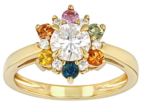 MOISSANITE FIRE® .92CTW DEW AND MULTI COLOR SAPPHIRE 14K YELLOW GOLD OVER SILVER RING - Size 8