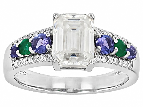 MOISSANITE FIRE® 2.03CTW DEW WTIH TANZANITE AND ZAMBIAN EMERALD PLATINEVE® RING - Size 5