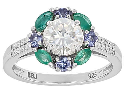 MOISSANITE FIRE® 1.16CTW DEW WTIH  ZAMBIAN EMERALD AND TANZANITE PLATINEVE® RING - Size 10