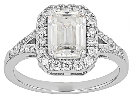 MOISSANITE FIRE® 2.35CTW EMERALD AND ROUND PLATINEVE® RING - Size 8