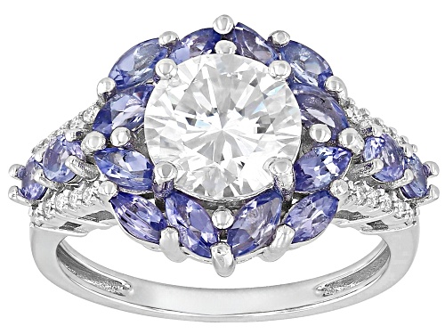 MOISSANITE FIRE® 2.14CTW DEW ROUND WITH  MARQUISE & ROUND TANZANITE PLATINEVE® RING - Size 5