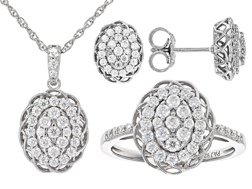 MOISSANITE FIRE® 1.74CTW DEW PLATINEVE® EARRINGS, RING, PENDANT AND CHAIN SET