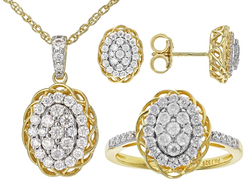 MOISSANITE FIRE® 1.74CTW DEW 14K YELLOW GOLD OVER SILVER EARRINGS, RING, PENDANT AND CHAIN SET