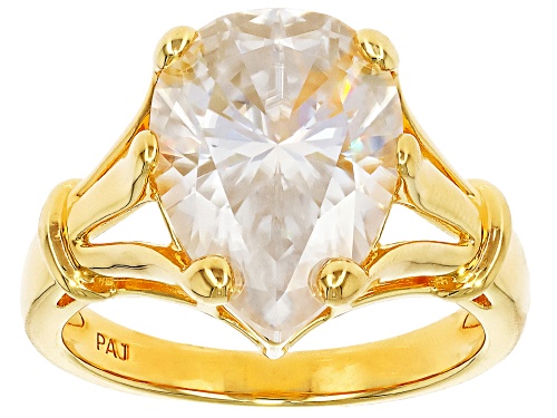 MOISSANITE FIRE® 5.50CT DEW PEAR SHAPE 14K YELLOW GOLD OVER SILVER SOLITAIRE RING - Size 7