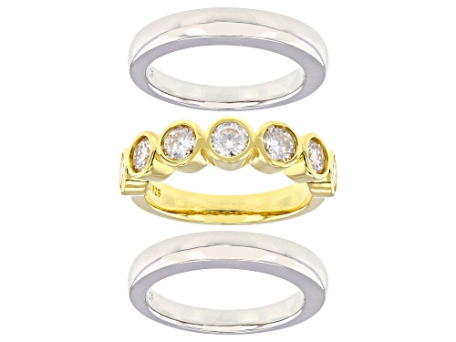 MOISSANITE FIRE® 1.61CTW DEW PLATINEVE® AND 14K YELLOW GOLD OVER SILVER SET OF 3 RINGS - Size 7