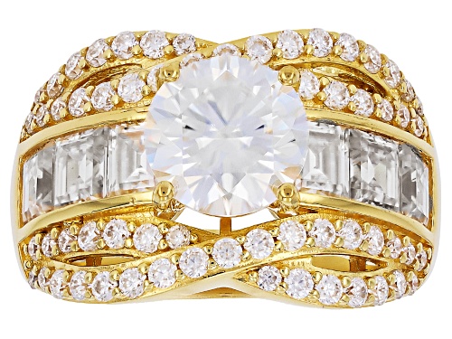 MOISSANITE FIRE® 3.64CTW DEW ROUND AND BAGUETTE 14K YELLOW GOLD OVER SILVER RING - Size 6