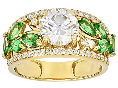 MOISSANITE FIRE® 2.32CTW DEW AND TSAVORITE 14K YELLOW GOLD OVER SILVER RING - Size 10