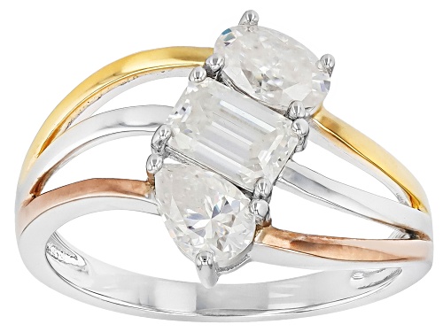 MOISSANITE FIRE® 1.49CTW DEW PLATINEVE® TRI COLOR 3 STONE RING - Size 10