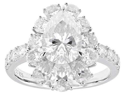 MOISSANITE FIRE® 4.65CTW DEW PEAR AND ROUND BRILLIANT PLATINEVE® RING - Size 8