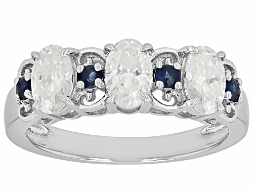 MOISSANITE FIRE® 1.50CTW DEW OVAL WITH  ROUND BLUE SAPPHIRE PLATINEVE® RING - Size 8