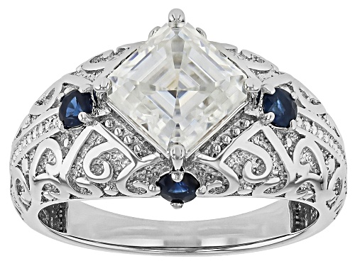 MOISSANITE FIRE® 1.85CT DEW ASSCHER CUT WITH ROUND BLUE SAPPHIRE PLATINEVE® RING - Size 6