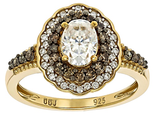 MOISSANITE FIRE® 1.22CTW DEW AND .32CTW CHAMPAGNE DIAMOND 14K YELLOW GOLD OVER SILVER RING - Size 8