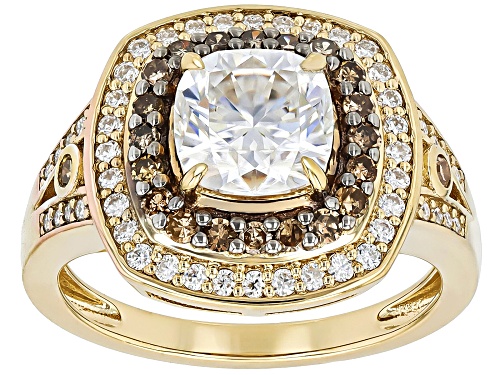 MOISSANITE FIRE® 2.18CTW DEW AND .33CTW CHAMPAGNE DIAMOND 14K YELLOW GOLD OVER SILVER RING - Size 7