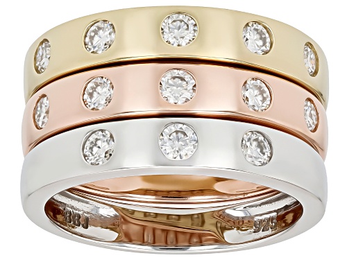 MOISSANITE FIRE® 0.90CTW DEW PLATINEVE® AND 14K YELLOW AND ROSE GOLD OVER SILVER SET OF 3 RINGS - Size 7