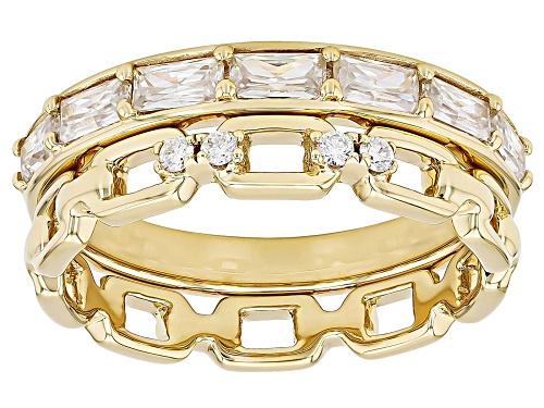 MOISSANITE FIRE® .71CTW DEW BAGUETTE AND ROUND 14K YELLOW GOLD OVER SILVER SET OF 2 RINGS - Size 5