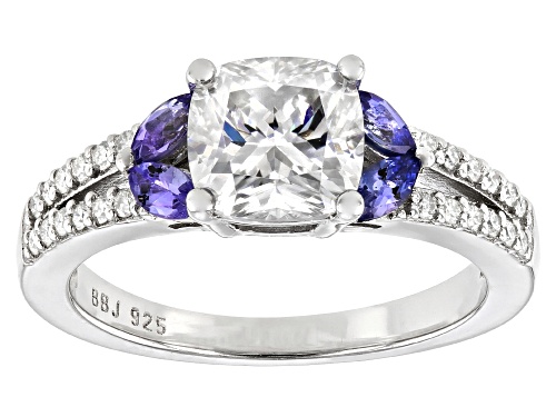 MOISSANITE FIRE(R) 1.94CTW DEW CUSHION CUT AND ROUND WITH MARQUISE CUT TANZANITE PLATINEVE(R) RING - Size 8