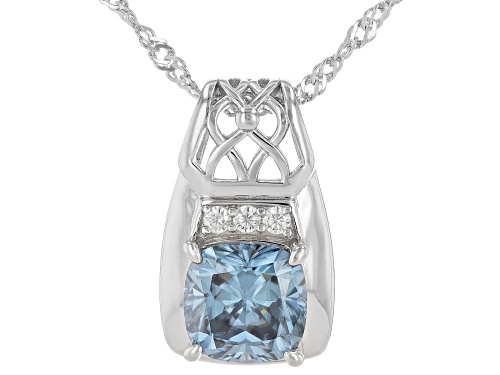 MOISSANITE FIRE(R) & BLUE MOISSANITE 2.49CTW DEW CUSHION CUT & ROUND PLATINEVE(R) PENDANT & CHAIN