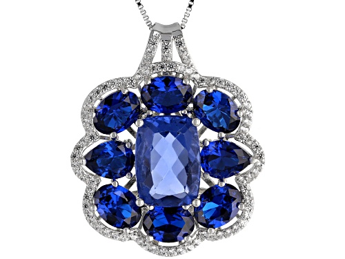 15.41ctw Color Change Blue Fluorite, Lab Blue Spinel & Zircon Rhodium Over Silver Pendant With Chain