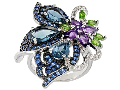 5.42ctw London Blue Topaz, Amethyst, Chrome, Lab Blue Spinel & White Zircon Rhodium Over Silver Ring - Size 6
