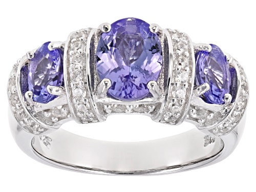 1.83CTW OVAL TANZANITE WITH .62CTW WHITE ZIRCON RHODIUM OVER SILVER 3-STONE BAND RING - Size 7